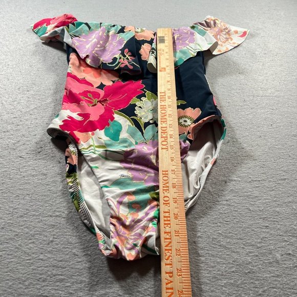 Trina Turk Swimsuit Womens 6 Blue Pink Off The Shoulder Royal Botanical Print - Picture 3 of 16